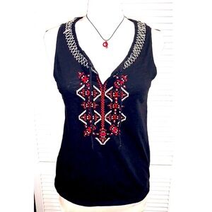 J. Jill Black and Red Embellished Sleeveless Tank Top